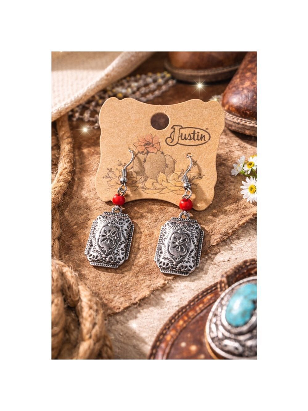 Justin Silver Western Concho Drop Earrings | Boho Cowgirl Statement | Rustic Bou